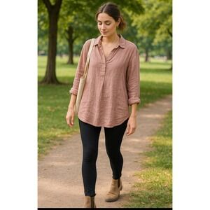 Sundance Linen Tunic Shirt Pink Mauve Roll-Tab‎ Sleeve V-Neck Oversized XL